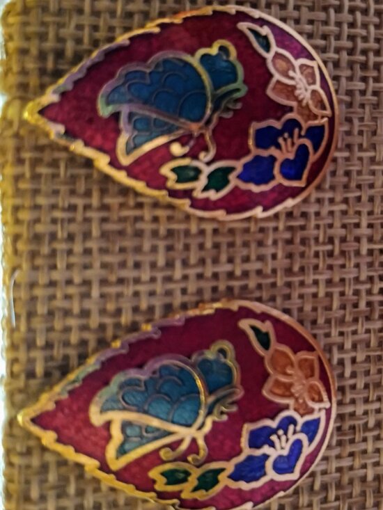Jewelry - Vintage, Red Cloisonne Earrings with Butterfly and flowers, Pierced, Not Signed